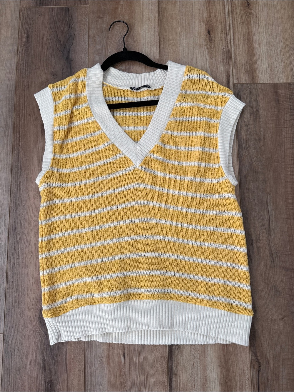 Zara Yellow and White Striped V-Neck Sweater Vest